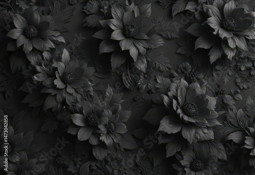 Intricate black charcoal floral wallpaper, textured, elegant  , brocade, detail