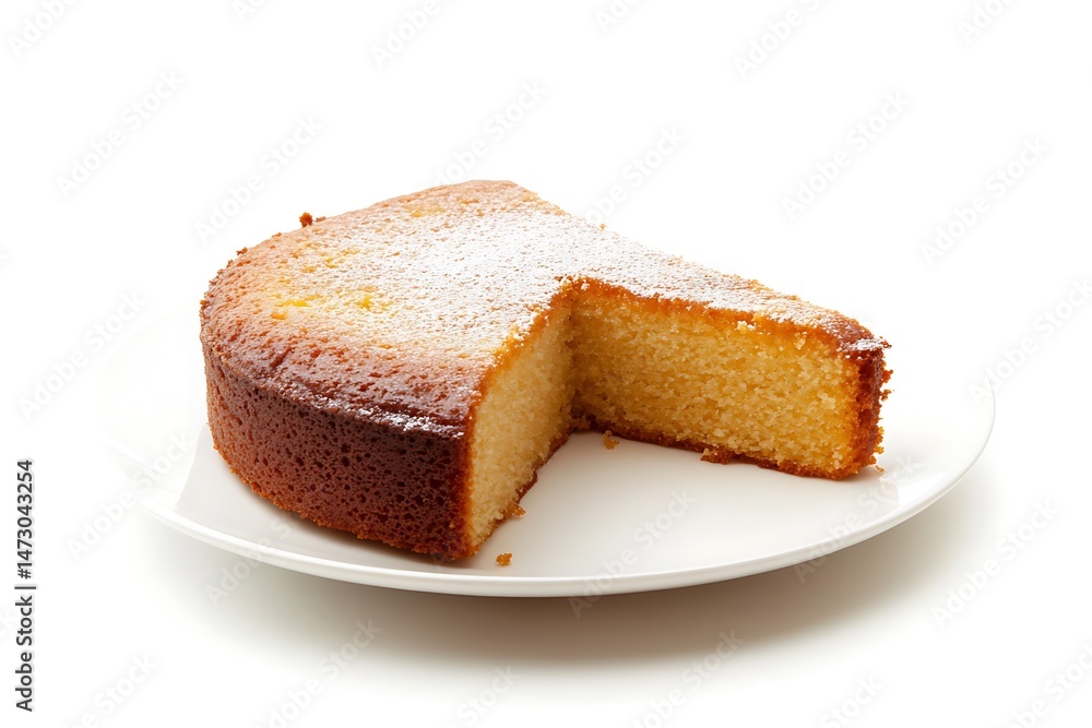 Golden Cake Slice on Plate with Powdered Sugar on White Background Dessert Golden Cake Slice on Plate with Powdered Sugar on White Background Dessert