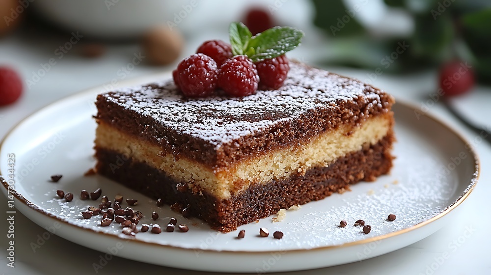 Layered Cake with Raspberries, Mint, and Icing Sugar on Plate, Culinary Sweet Treat Layered Cake with Raspberries, Mint, and Icing Sugar on Plate, Culinary Sweet Treat