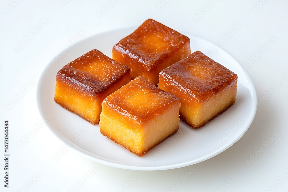 Delicious Four Square Cake Pieces on White Plate with a White Background Delicious Four Square Cake Pieces on White Plate with a White Background