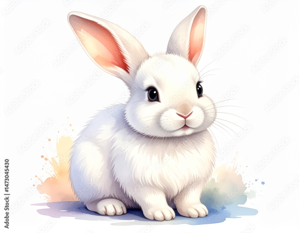 Obraz premium Cute fluffy white bunny with big ears, seated on a pastel color splash