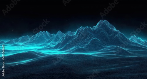 Digital blue wireframe landscape of mountainous terrain against a dark background evoking futuristic and virtual reality atmosphere