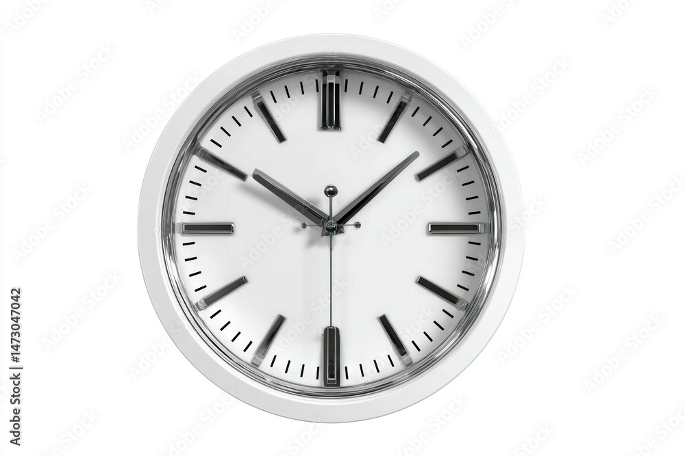 Modern Analog Clock with White Face and Black Hands Isolated on White Background Modern Analog Clock with White Face and Black Hands Isolated on White Background