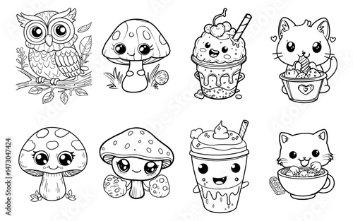 Kawaii Owl Mushrooms and Drinks with Cats Line Art Collection