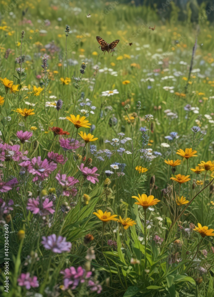 Vibrant summer meadow teeming with wildflowers and pollinating insects , outdoor, macro, stem Vibrant summer meadow teeming with wildflowers and pollinating insects , outdoor, macro, stem