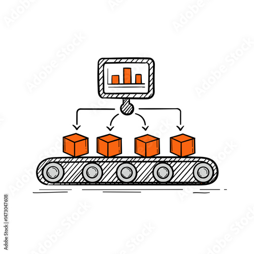 Data Pipeline with Conveyor Belt and Monitoring Screen, Illustration. Data Processing, Workflow, Monitoring, Technology. For presentations, reports, websites, articles