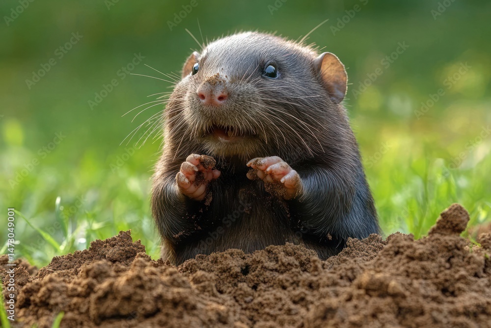 Close-up of a small mole emerging from a mound of soil with bright eyes and dirty paws in a green grassy natural environment Close-up of a small mole emerging from a mound of soil with bright eyes and dirty paws in a green grassy natural environment