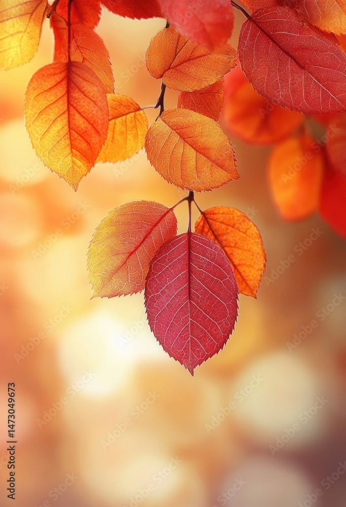 Close-up of vibrant red and orange autumn leaves with detailed veins against a softly blurred warm background evoking a peaceful and cozy fall atmosphere Close-up of vibrant red and orange autumn leaves with detailed veins against a softly blurred warm background evoking a peaceful and cozy fall atmosphere