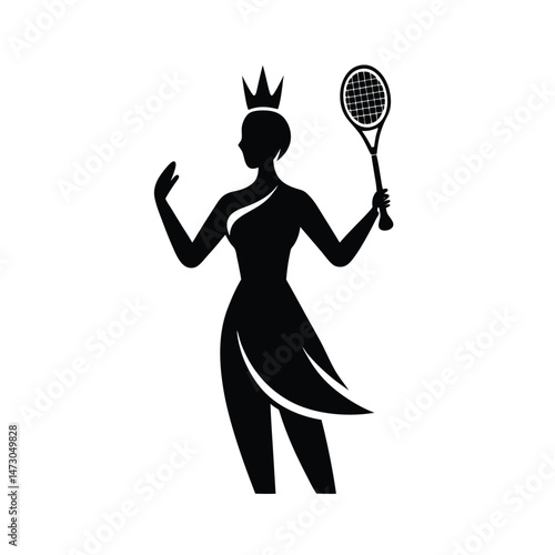 Elegant tennis queen silhouette with crown and racket representing grace and sporting excellence in black and white