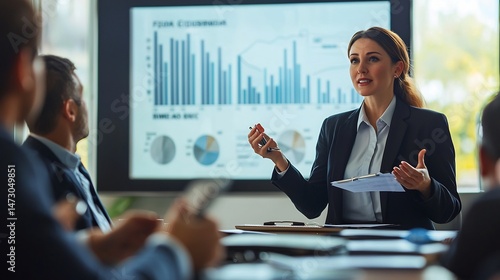 A female cfo presenting quarterly financial reports to shareholders in modern digital art style