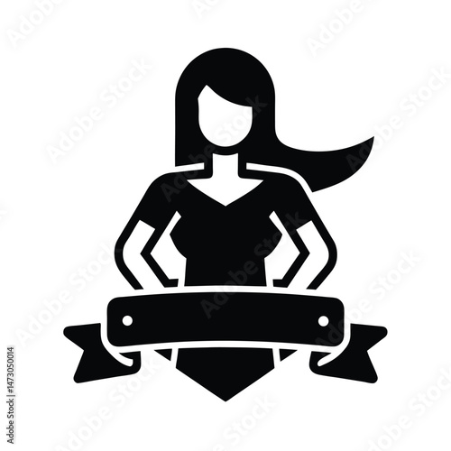 Empowered woman icon with banner representing strength achievement or success flat design illustration in black and white