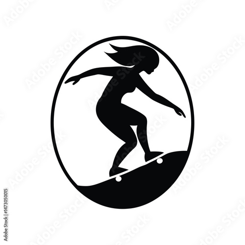 Silhouette of a woman skateboarding inside an oval frame representing action sport and modern lifestyle