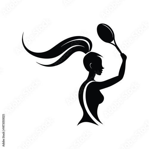 Silhouette of a female tennis player holding a racket in a dynamic and energetic pose ready to serve