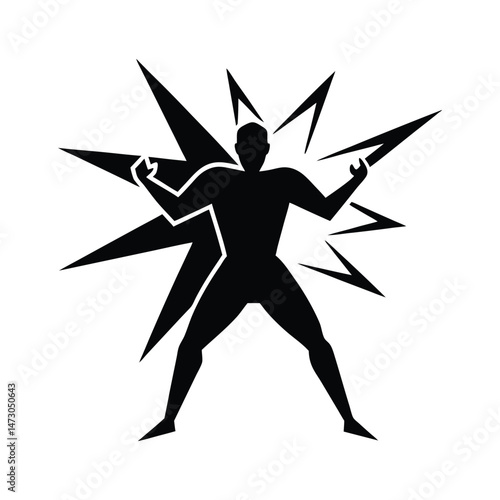 Powerful superhero figure in silhouette with explosive energy bursts abstract vector art