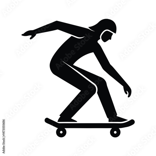 Black and white silhouette illustration of a skateboarder performing an action sports trick on a skateboard