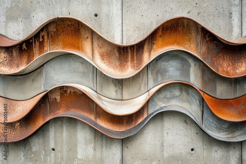 Abstract wave-like metal panels mounted on a concrete wall. Oxidized copper and gray metal panels form a wavy design Abstract wave-like metal panels mounted on a concrete wall. Oxidized copper and gray metal panels form a wavy design