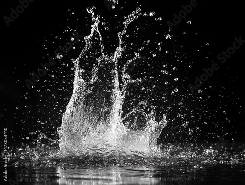 High-speed capture of a water splash with droplets suspended against a black background conveying motion and energy