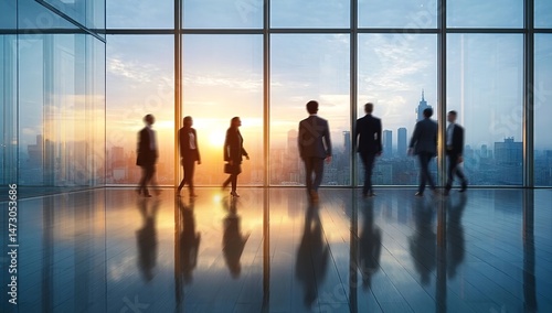 Fototapeta Naklejka Na Ścianę i Meble -  A group of business people walking in an office building with large windows overlooking the city