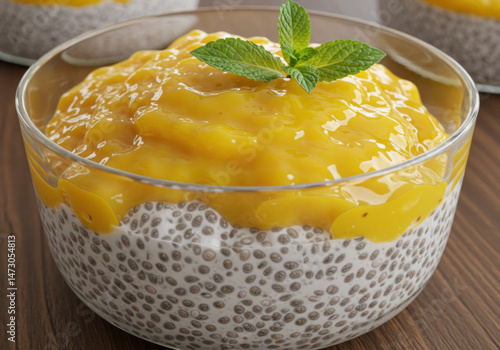 Mango chia pudding with chia seeds.