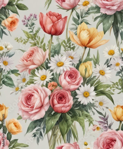 Wallpaper Mural Watercolor floral bouquet; lush roses, daisies, tulips ,  close-up,  detail Torontodigital.ca