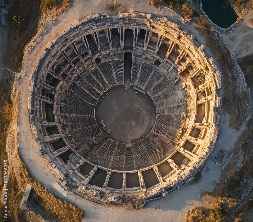 Aerial view of an ancient amphitheater, showcasing its circular structure and tiered seating. The empty interior reveals the stonework and foundations Aerial view of an ancient amphitheater, showcasing its circular structure and tiered seating. The empty interior reveals the stonework and foundations