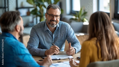 A financial planner meeting with clients to discuss retirement savings strategies in modern digital art style