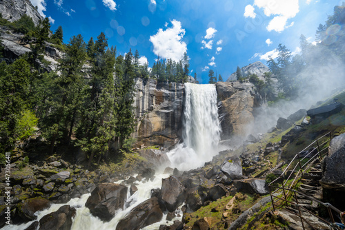 Yosemite National Park Vernal Falls, Nevada Falls, Emerald Pool, Mist Trail, and Charles Point in the Spring of 2025 with the stream and falls raging from snow melt