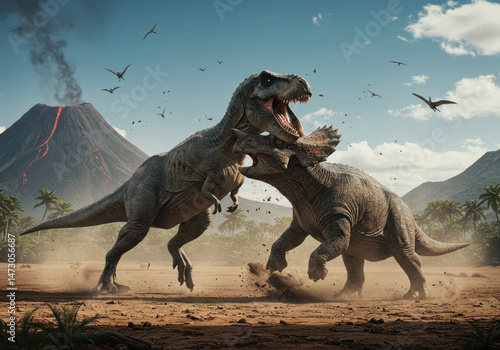 Fototapeta Naklejka Na Ścianę i Meble -  dinosaurs fighting in the desert.