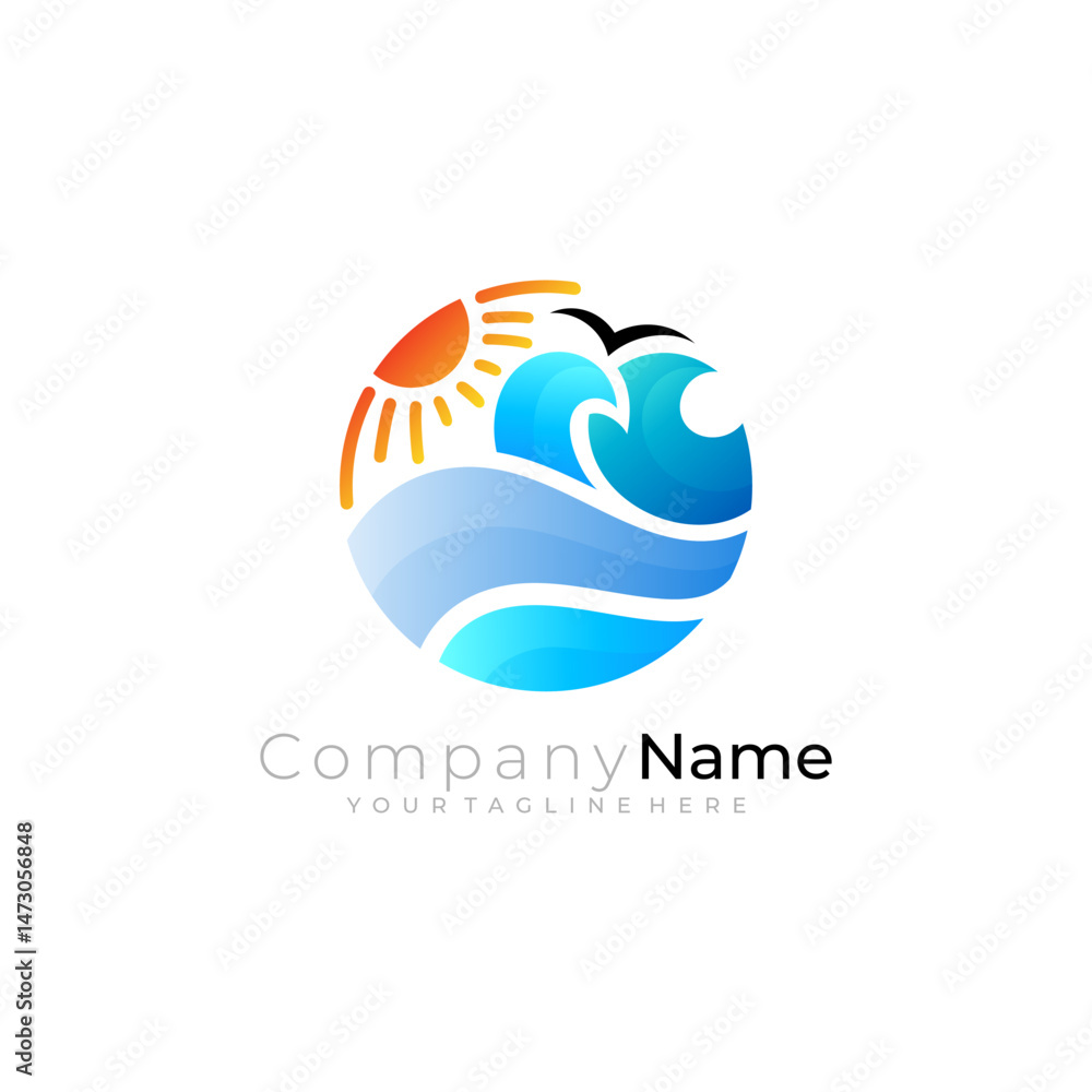 Fototapeta premium beautiful and clean beach logo in circle, beach tourism icon