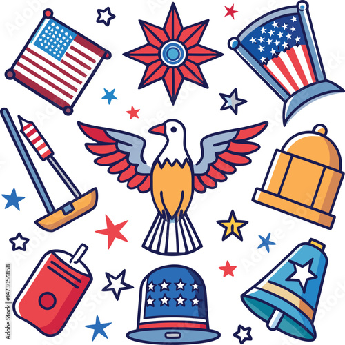 patriotic usa liberty bell eagle flag fireworks icons.