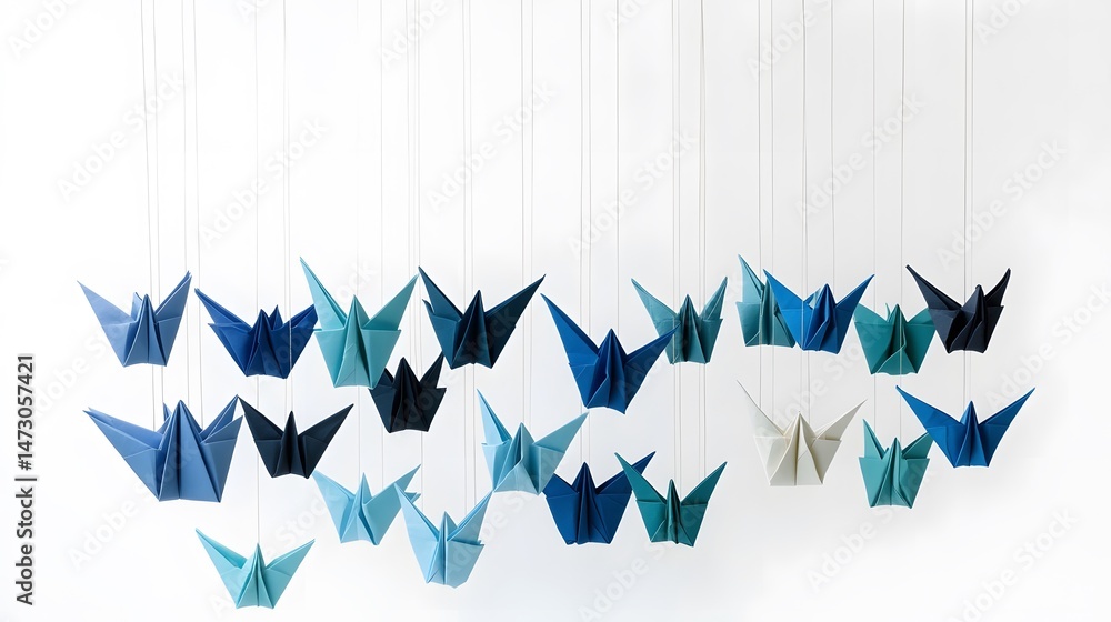 Fototapeta premium Elegant Origami Birds Mobile Hanging Decor Blue Shades