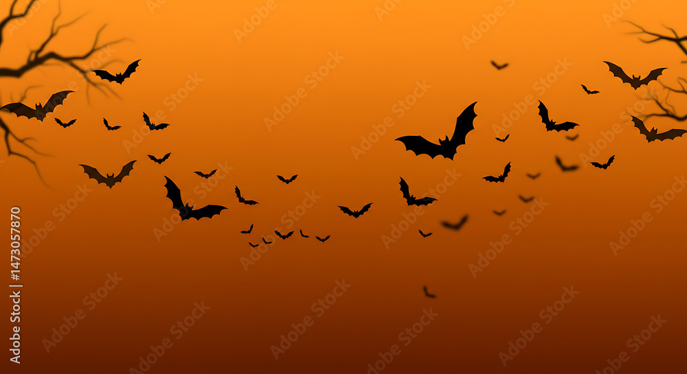 A spooky orange gradient sky filled with silhouettes of bats in flight and bare tree branches, perfect for Halloween themed designs. A spooky orange gradient sky filled with silhouettes of bats in flight and bare tree branches, perfect for Halloween themed designs.