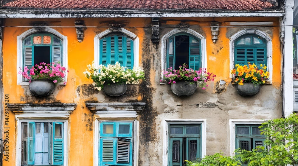Fototapeta premium Vibrant Flowers Adorn Old Building Windows