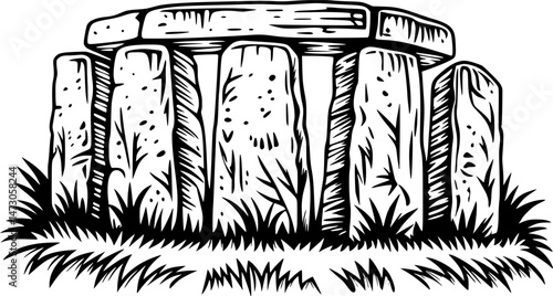 A black and white illustration of Stonehenge, depicting its iconic arrangement of large standing stones and lintels on a grassy area.