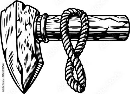 A black and white illustration of a tomahawk with a rope tied around its handle.