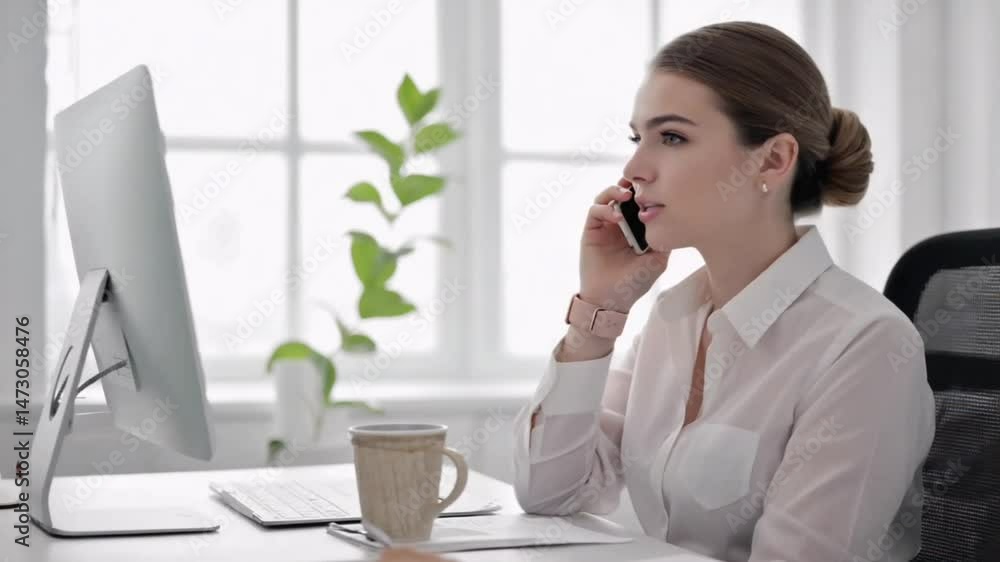 Businesswoman talking on the mobile phone at her office desk Businesswoman talking on the mobile phone at her office desk
