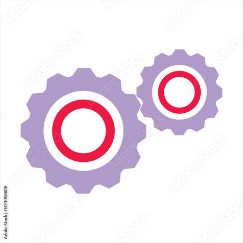 Two lilac gears with red circles in the center