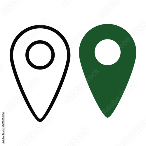 Two location pin icons one outlined one solid green