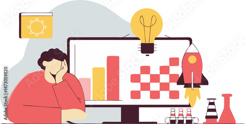 A person sits thoughtfully in front of a computer screen displaying a bar chart, a checkered pattern, and a launching rocket, with a lightbulb above, suggesting data analysis, strategy development