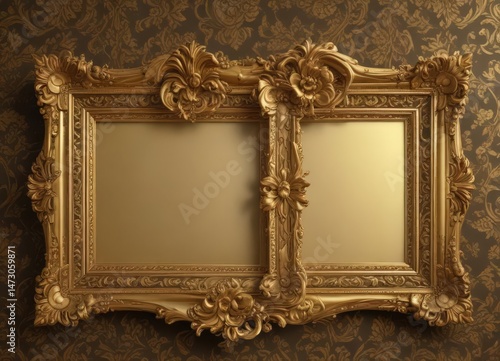 Ornate gold frames on rich damask, floral details ,  fabric,  motif,  art