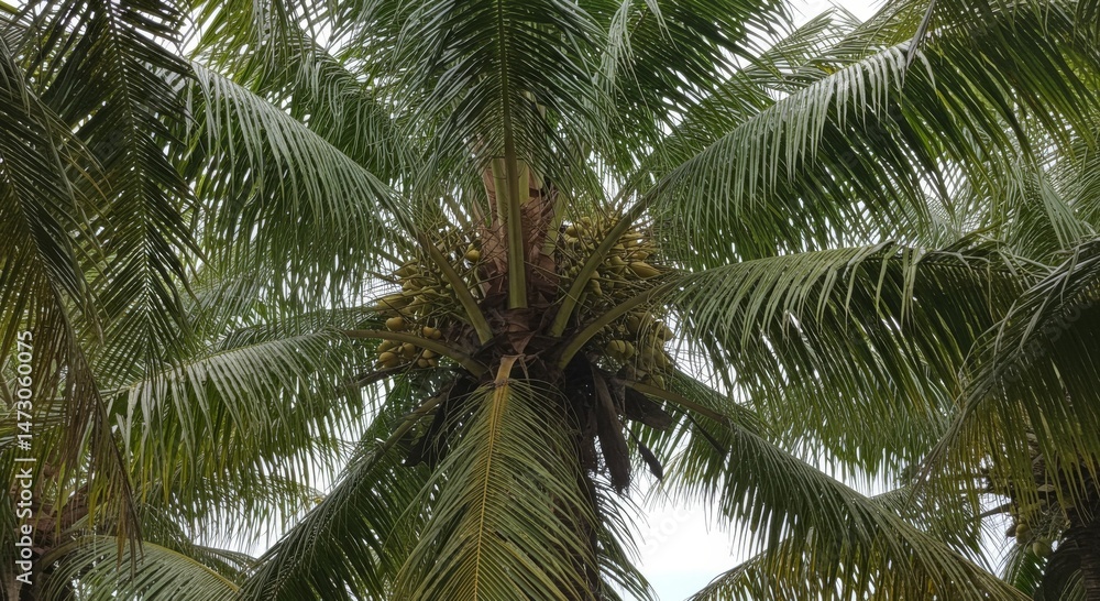 Obraz premium Close Up of a Lush Green Palm Tree with Abundant Coconuts