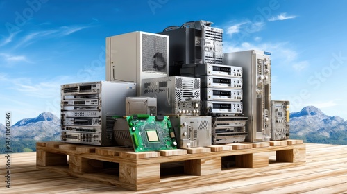 Stack of recycled computer parts on a pallet.