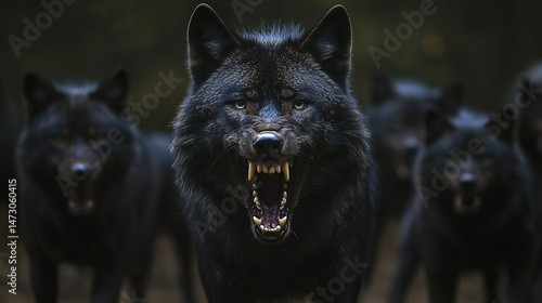 Enigmatic gaze of the leader: Dominance unveiled within a pack of shadow wolves