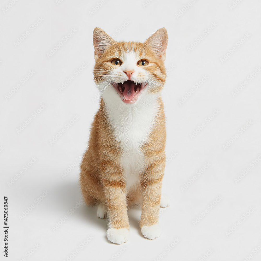 Obraz premium Ginger Cat Portrait: Happy Smiling Feline Friend with Adorable Whiskers, Curious Ears, Youthful Eyes, Fluffy Fur in Playful Movement - Funny Cuddly Pet Picture Showing Bright Lively Expression