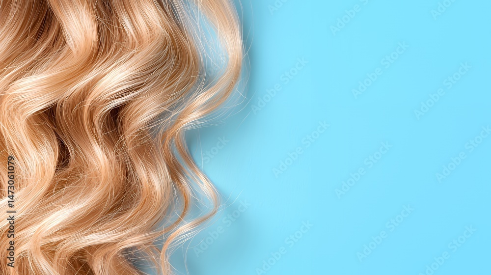 Fototapeta premium Close up of stunning blonde wavy hair flowing against a vibrant blue backdrop showcasing the texture shine and color of the hair for beauty advertisements