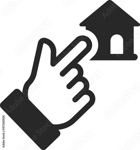 Hand pointer selecting a house for property choice, solid icon vector.