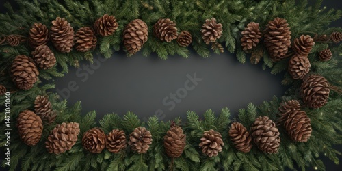 Dense arrangement of fir branches and oversized pine cones, forming a rich Christmas border ,  winter greenery,  backdrop,  holiday decor