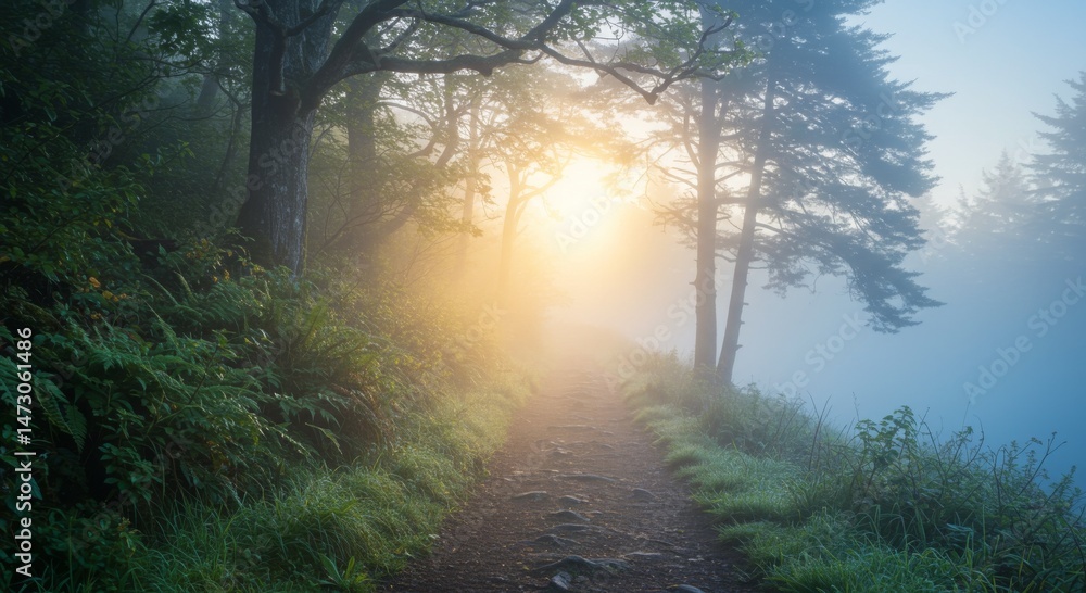 Fototapeta premium Misty Forest Path at Sunrise