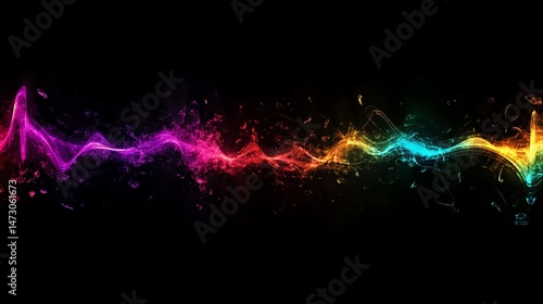 Energetic multi-colored waveform flowing horizontally across a black background