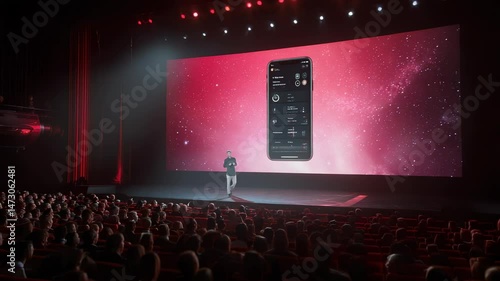 Ceo presenting new mobile application to audience during a conference or product launch event held in a modern auditorium, showcasing innovative technology and engaging with attendees
